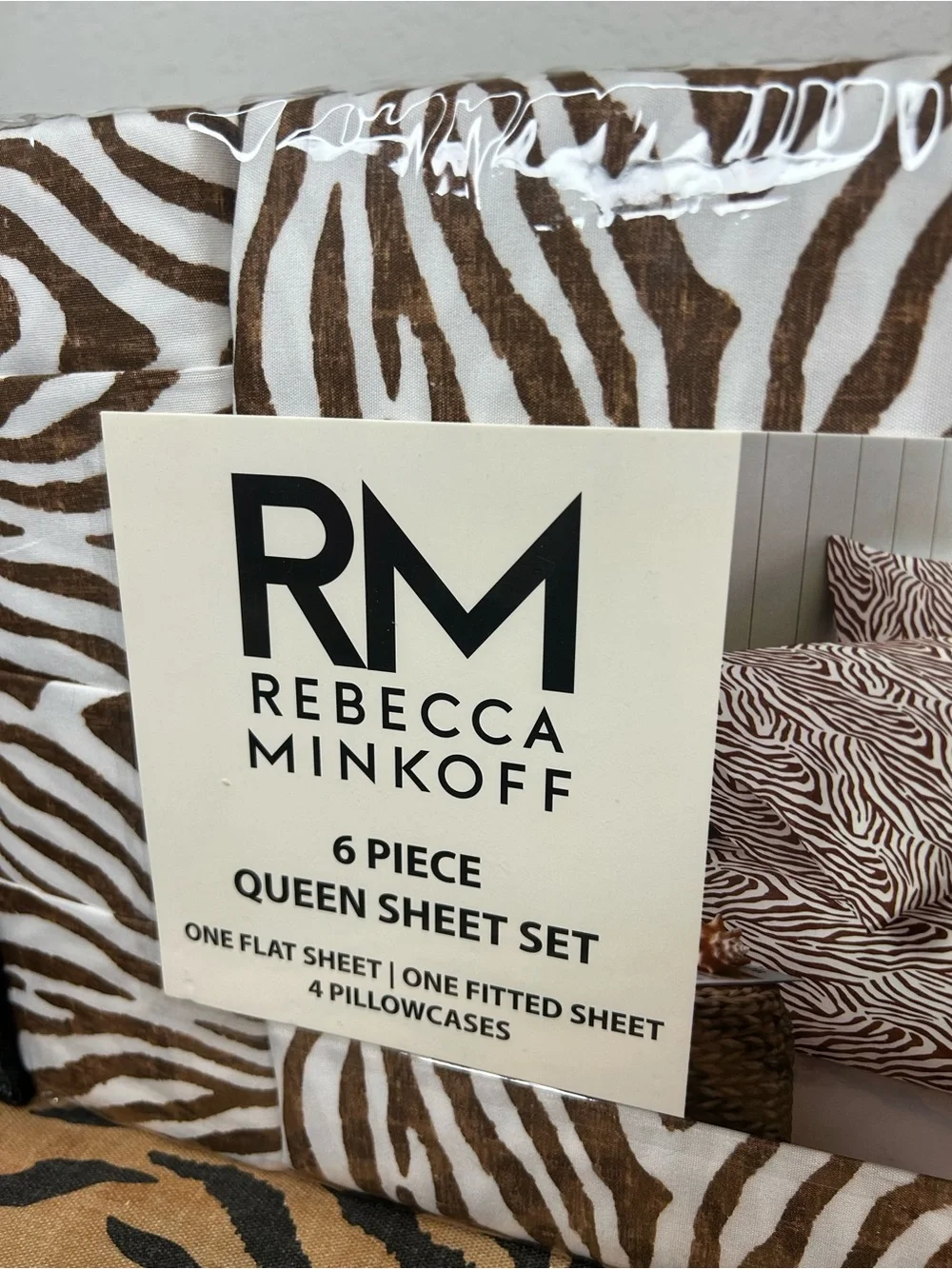 NEW Rebecca Minkoff Brown and White Zebra Print 6-Piece Queen Sheet Set